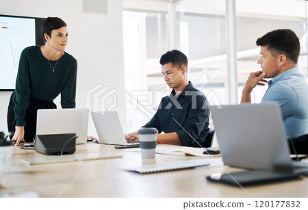 Keeping their company right on track. Shot of a group of businesspeople having a meeting in a modern office. 120177832