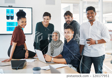 When we meet we get it done. Shot of a group of businesspeople using a laptop during a meeting in a modern office. When we meet we get it done. Shot of a group of businesspeople using a laptop during a meeting in a modern office. 120177951