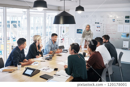 All set for a collaborative success. Shot of a group of businesspeople having a meeting in a modern office. 120178001