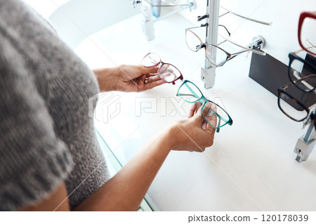 Call off the search, Ive found the perfect specs. Shot of a woman buying a new pair of glasses at an optometrist store. Call off the search, Ive found the perfect specs. Shot of a woman buying a new pair of glasses at an optometrist store. 120178039