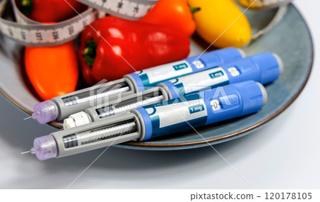 Ozempic Insulin injection pen for diabetics and weight loss on a plate with vegetables. Medical equipment for diabetes parients. 120178105