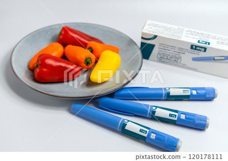 Ozempic Insulin injection pen for diabetics and weight loss and plate of vegetables Ozempic Insulin injection pen for diabetics and weight loss and plate of vegetables 120178111