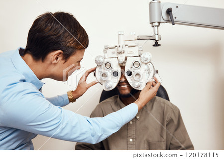 Your eyes are too important not to get them checked. Shot of an optometrist examining her patients eyes with an optical refractor. 120178115
