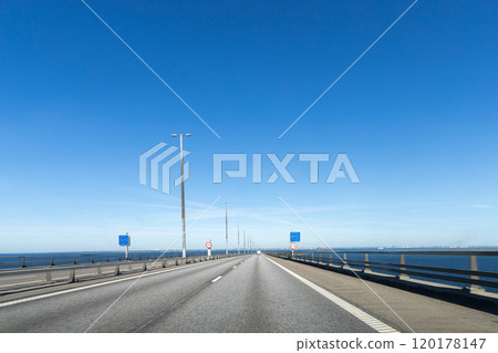 Highway road to Denmark with a sign about crossing the border of Denmark. Highway road to Denmark with a sign about crossing the border of Denmark. 120178147