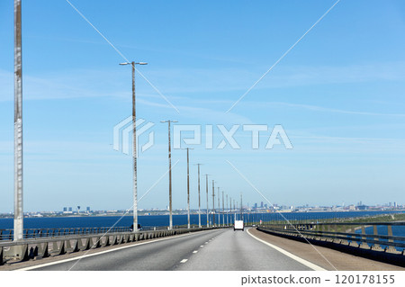 Highway road to Denmark. Border area in Sweden with a view of Copenhagen, Denmark Highway road to Denmark. Border area in Sweden with a view of Copenhagen, Denmark 120178155