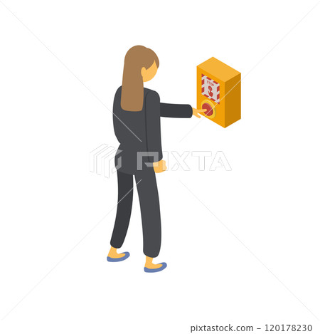 An illustration of a woman in a suit pressing the emergency stop button on a station platform. Isometric material 1 120178230