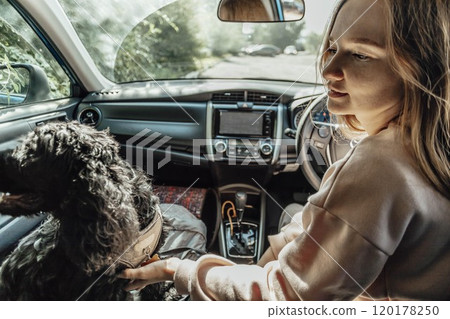 woman and her dog set off on a road adventure, showcasing the freedom of pet-friendly travel. woman and her dog set off on a road adventure, showcasing the freedom of pet-friendly travel. 120178250