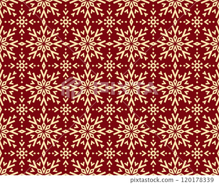 Abstract geometric pattern with lines, snowflakes. A seamless vector background. Golden and red texture. Graphic modern pattern 120178339