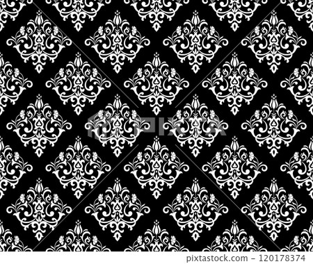 Wallpaper in the style of Baroque. Seamless vector background. White and black floral ornament. Graphic pattern for fabric, wallpaper, packaging. Ornate Damask flower ornament. Wallpaper in the style of Baroque. Seamless vector background. White and black floral ornament. Graphic pattern for fabric, wallpaper, packaging. Ornate Damask flower ornament. 120178374