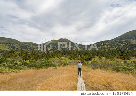Autumn in Hakkoda: Mt. Ido and climbers walking along the boardwalk 120178494