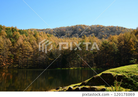 Autumn leaves and blue skies <Mishaka Pond> 120178869