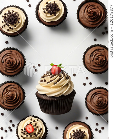 Delicious chocolate and vanilla cupcakes forming a circle on marble table 120178877