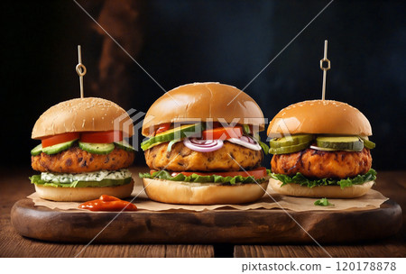 Delicious salmon burgers resting on wooden board, creating mouthwatering culinary scene Delicious salmon burgers resting on wooden board, creating mouthwatering culinary scene 120178878
