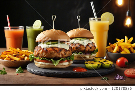 Two delicious salmon burgers served with french fries and juice on a wooden table 120178886