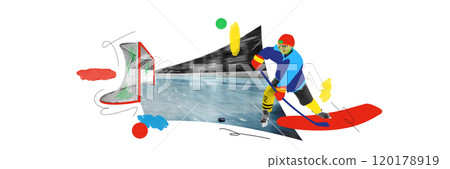 Banner. Contemporary art collage. Hockey player in action with colorful strokes, emphasizing focus and energy on ice. Banner. Contemporary art collage. Hockey player in action with colorful strokes, emphasizing focus and energy on ice. 120178919