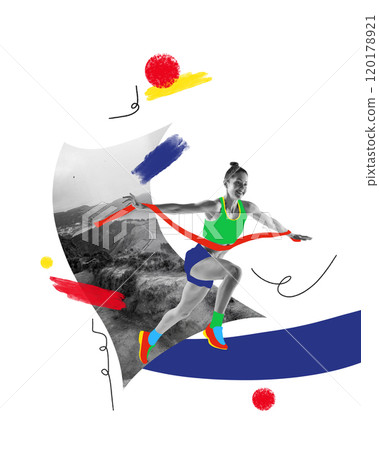 Contemporary art collage. Motivated runner crossing the finish line with colorful accents, symbolizing victory and determination Contemporary art collage. Motivated runner crossing the finish line with colorful accents, symbolizing victory and determination 120178921