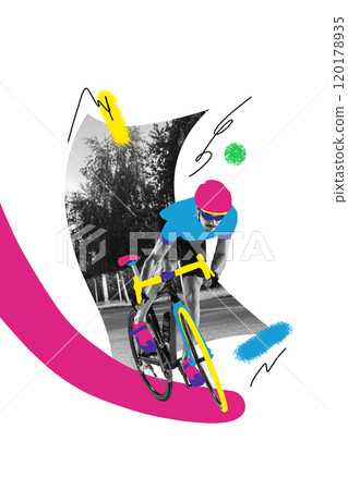 Contemporary art collage. Cyclist speeding around curve with energetic color highlights, contrasting with grayscale background Contemporary art collage. Cyclist speeding around curve with energetic color highlights, contrasting with grayscale background 120178935