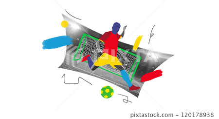 Contemporary art collage. Soccer player leaping for a powerful kick with vibrant overlays, capturing strength and focus. Contemporary art collage. Soccer player leaping for a powerful kick with vibrant overlays, capturing strength and focus. 120178938