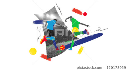 Contemporary art collage. Soccer players competing fiercely, enhanced by colorful brush strokes, adding excitement and intensity. Contemporary art collage. Soccer players competing fiercely, enhanced by colorful brush strokes, adding excitement and intensity. 120178939