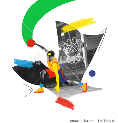 Contemporary art collage. Basketball player dribbling with colorful geometric accents against black-and-white background, showcasing agility and movement. Contemporary art collage. Basketball player dribbling with colorful geometric accents against black-and-white background, showcasing agility and movement. 120178940