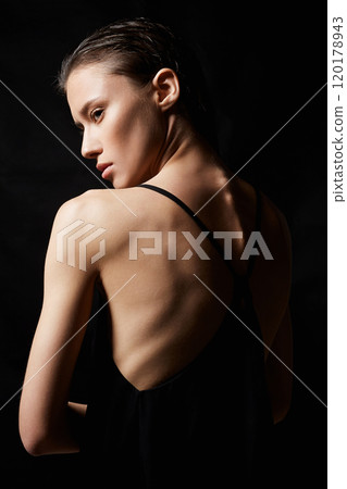 young brunette woman with wet Hair. Beautiful sexy Girl with naked back young brunette woman with wet Hair. Beautiful sexy Girl with naked back 120178943
