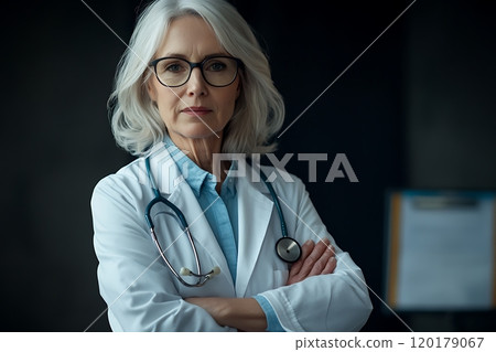 Female doctor with stethoscope looking confident in professional setting 120179067