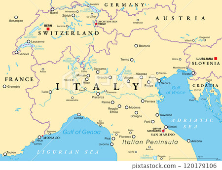 Northern Italy, political map. Geographical and cultural region in the northern part of Italy, a country in Europe. With international borders, important and largest cities, rivers and lakes. Vector. 120179106