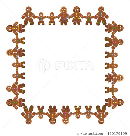 Decorative square shaped border of gingerbread figures holding hands. Frame of gingerbread men, women and children, forming families and groups, expressing friendship, teamwork and a peaceful society. 120179109