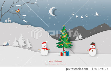 Winter night landscape with Santa Claus coming to the village for happy holiday,Christmas or New Year decorative 120179124