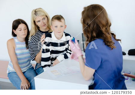 A mother with her son and daughter at a doctor's consultation in a clinic 120179350