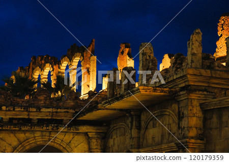 Illuminated ruins at night Illuminated ruins at night 120179359