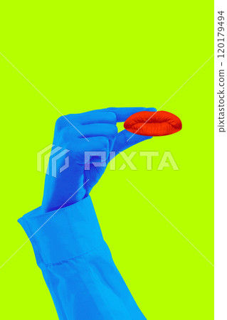 Blue hand holding pair of red lips against bright green background. Contemporary art collage. 120179494