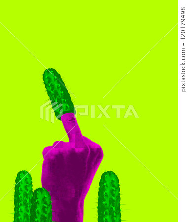 Purple hand with green cactus growing from middle finger, set against neon green background. Contemporary art collage. 120179498