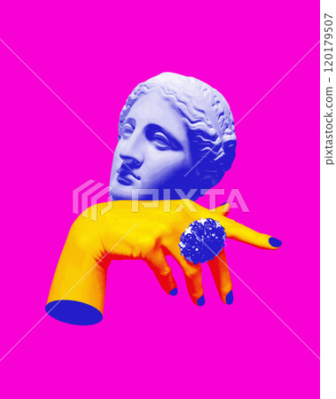 Yellow hand with classical sculpture head resting on it against bright pink background. Contemporary art collage. 120179507