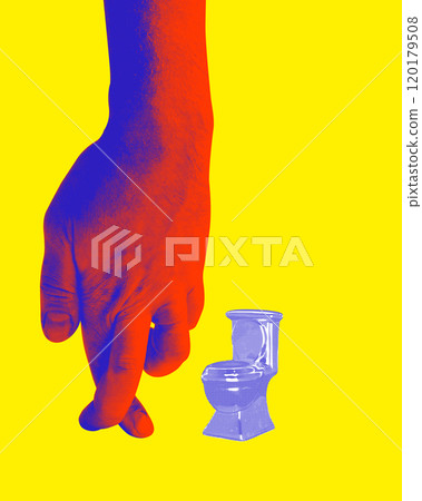 Red hand reaching towards small toilet, set against bright yellow background. Contemporary art collage. 120179508