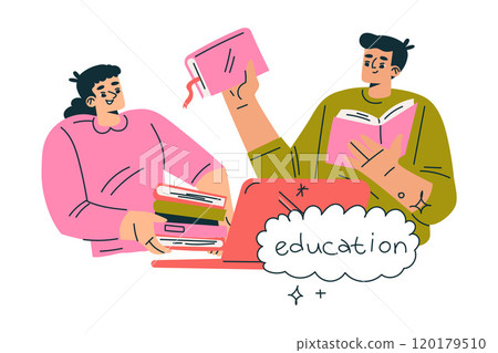 Productive Workflow with Man and Woman with Books Enjoy Education Managing Task Vector Illustration Productive Workflow with Man and Woman with Books Enjoy Education Managing Task Vector Illustration 120179510