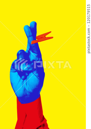 Blue hand holding red clothespin against bright yellow background. Contemporary art collage. 120179515