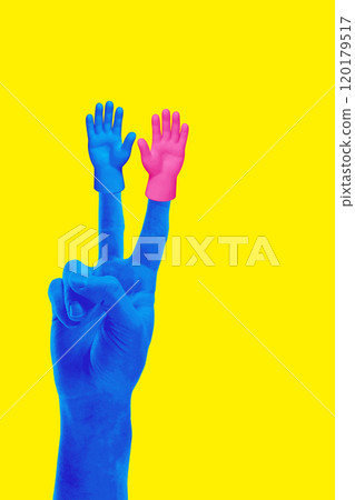 Blue hand making peace sign with small pink hands attached to each raised finger against bright yellow background. Contemporary art collage. 120179517