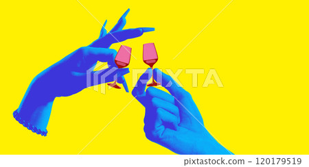 Blue hands holding tiny wine glasses for toast against yellow background. Contemporary art collage. 120179519
