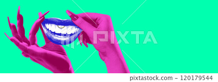 Purple hands holding bright blue mouth with toothy smile, set against turquoise background. Contemporary art collage. 120179544