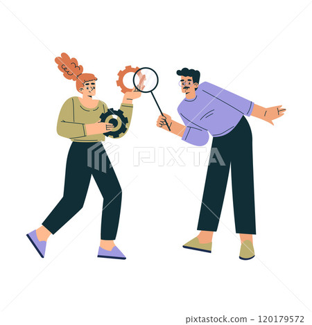 Productive Team with Business Man and Woman with Magnifier and Cogwheel Work Together Vector Illustration 120179572