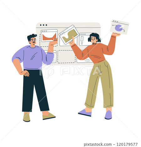 Productive Team with Business Man and Woman with Window Screen Work Together Vector Illustration 120179577