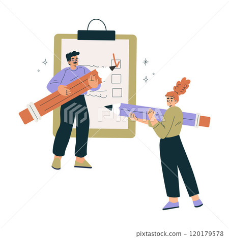 Productive Team with Business Man and Woman with Checkbox List Work Together Vector Illustration Productive Team with Business Man and Woman with Checkbox List Work Together Vector Illustration 120179578