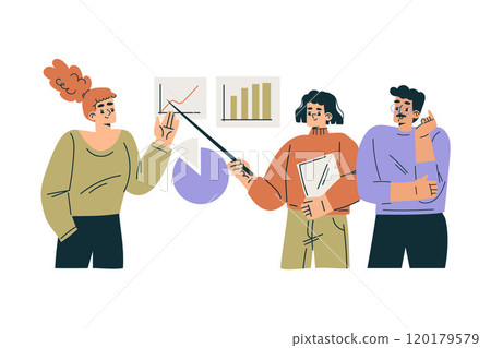 Productive Team with Business Man and Woman with Chart Work Together Vector Illustration Productive Team with Business Man and Woman with Chart Work Together Vector Illustration 120179579