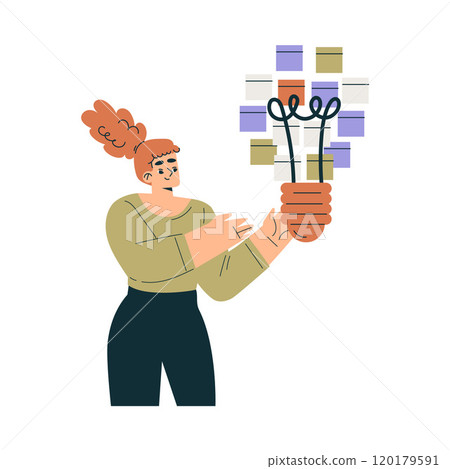 Woman Character with Lightbulb as Productive Team Member Vector Illustration 120179591