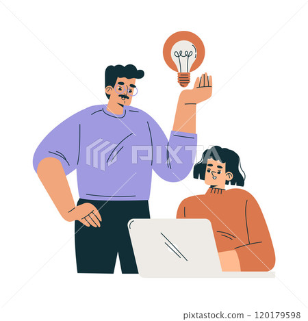 Productive Team with Business Man and Woman with Lightbulb Work Together Vector Illustration Productive Team with Business Man and Woman with Lightbulb Work Together Vector Illustration 120179598