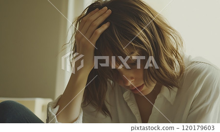 Woman in deep thought with hand on head indoors 120179603