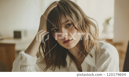 Close-up of thoughtful woman sitting indoors with hand on head Close-up of thoughtful woman sitting indoors with hand on head 120179604