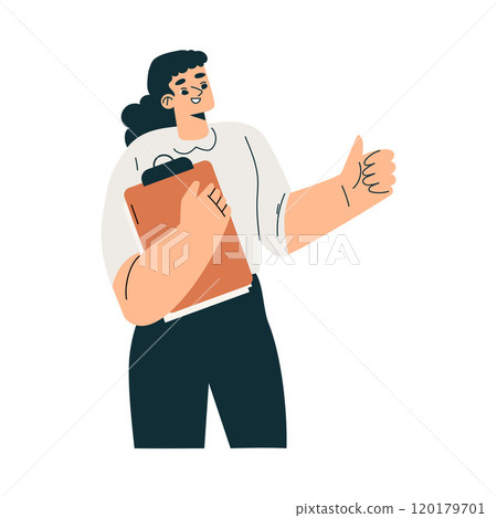 Woman Character with Clipboard as Productive Team Member Show Thumb Up Vector Illustration Woman Character with Clipboard as Productive Team Member Show Thumb Up Vector Illustration 120179701