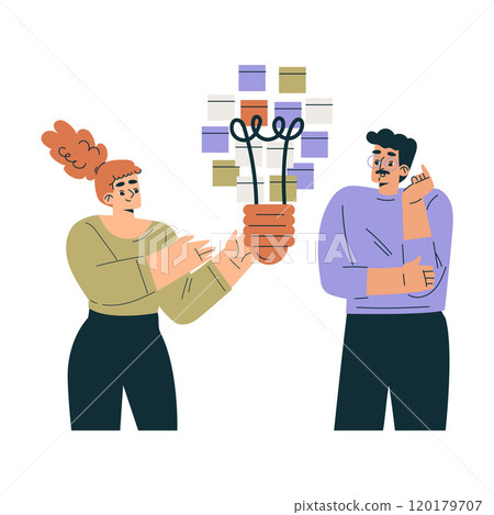 Productive Team with Business Man and Woman with Lightbulb Work Together Vector Illustration 120179707